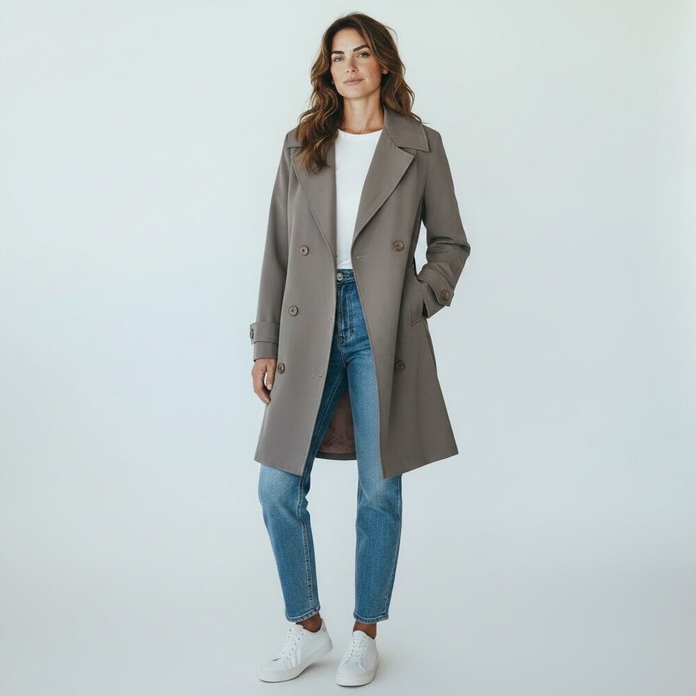 Vintage Jonathan Michael Double-Breasted Mid-Length Wool Trench Coat Taupe Sz 8